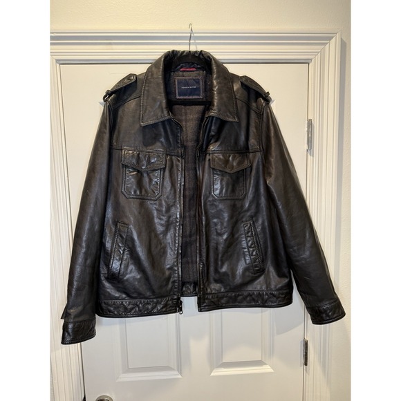 Vintage Tommy Hilfiger Genuine Leather Bomber Jacket Men's XXL Motorcycle Brown - Picture 1 of 8